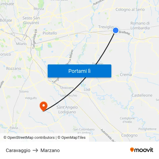 Caravaggio to Marzano map