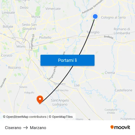 Ciserano to Marzano map