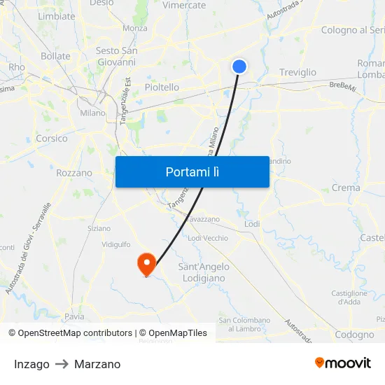 Inzago to Marzano map