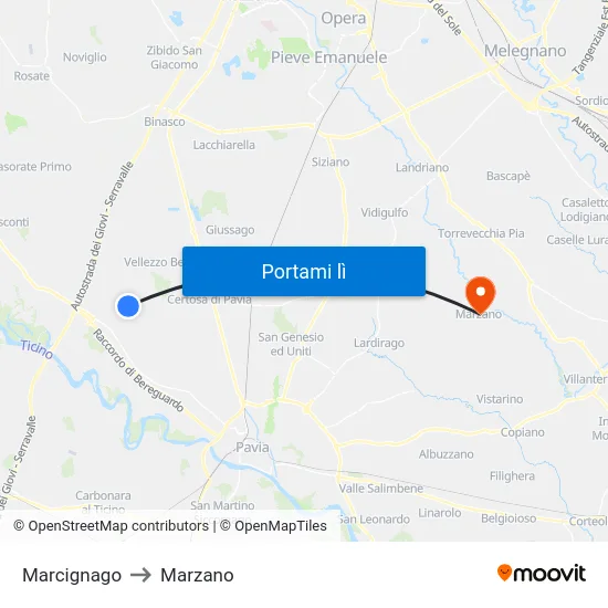 Marcignago to Marzano map