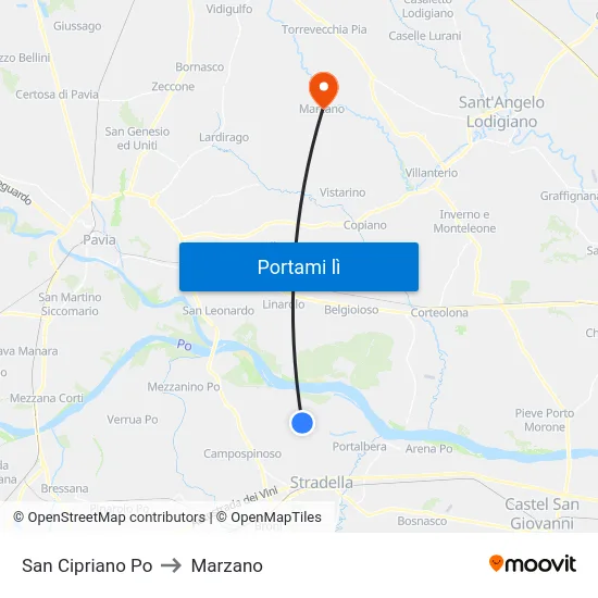 San Cipriano Po to Marzano map