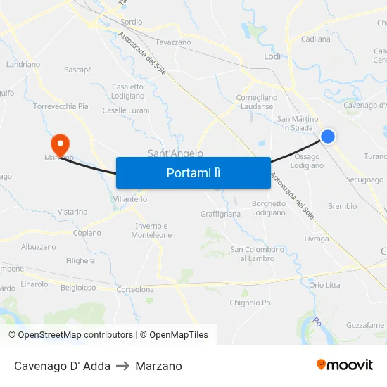 Cavenago D' Adda to Marzano map