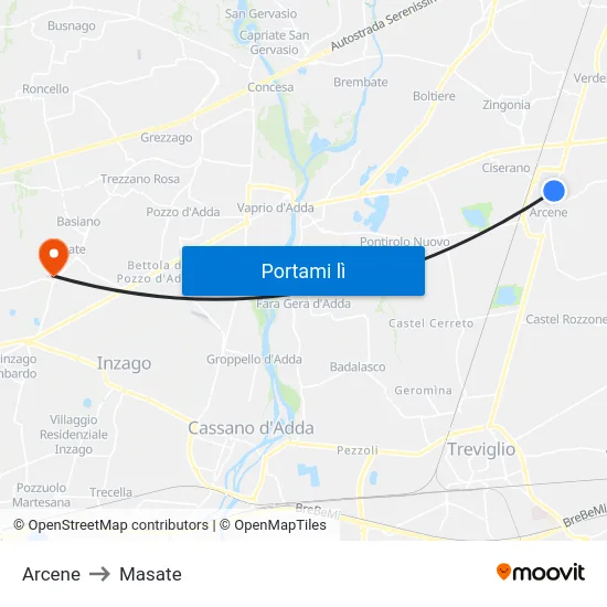 Arcene to Masate map
