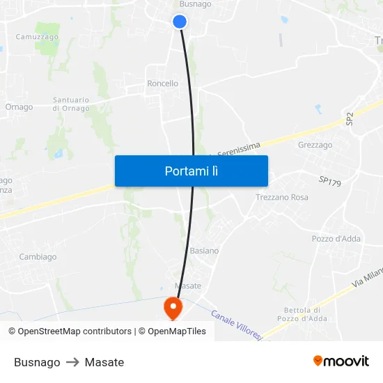 Busnago to Masate map