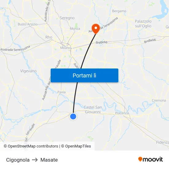 Cigognola to Masate map