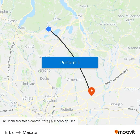 Erba to Masate map