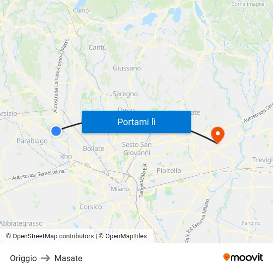 Origgio to Masate map