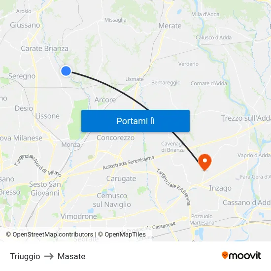 Triuggio to Masate map
