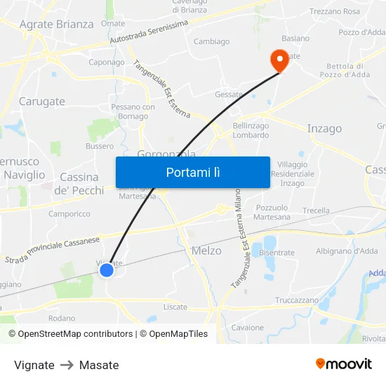 Vignate to Masate map