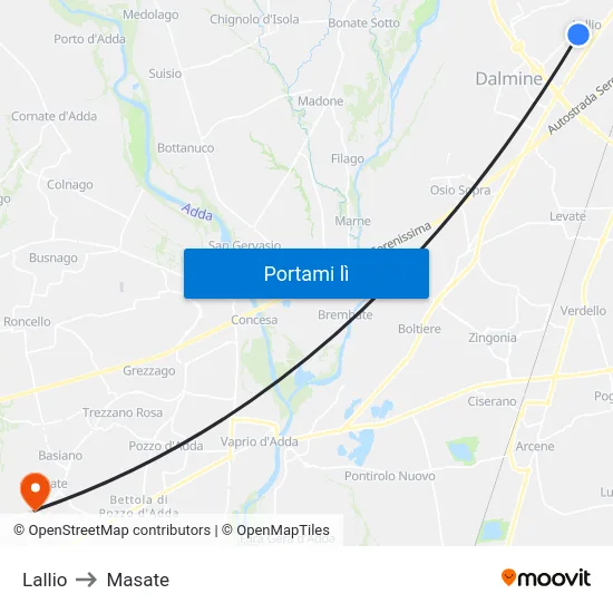 Lallio to Masate map