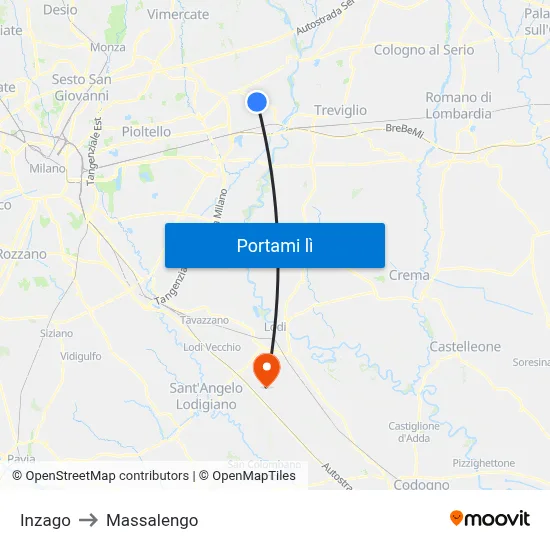 Inzago to Massalengo map