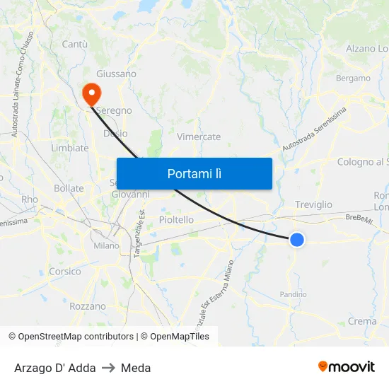 Arzago D' Adda to Meda map