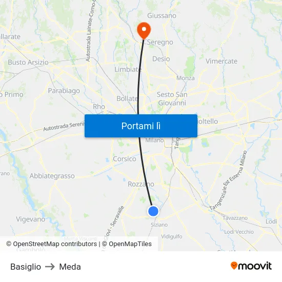 Basiglio to Meda map