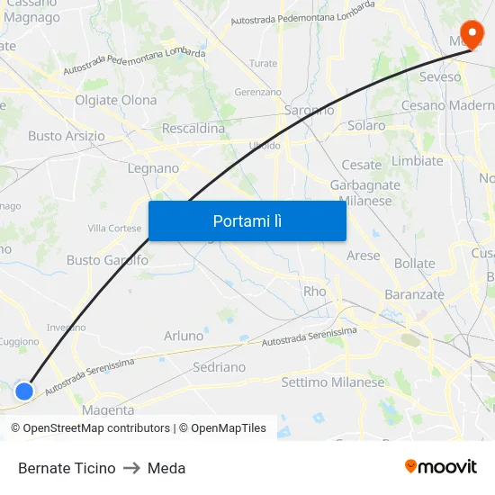 Bernate Ticino to Meda map