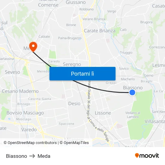 Biassono to Meda map