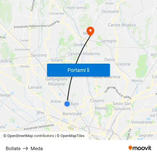 Bollate to Meda map