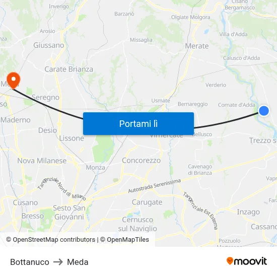 Bottanuco to Meda map