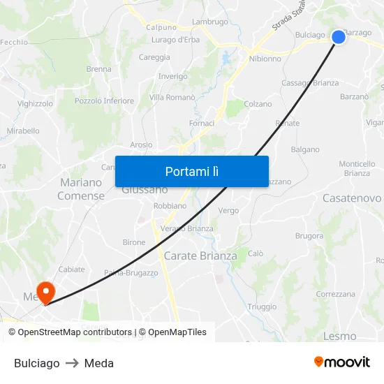 Bulciago to Meda map