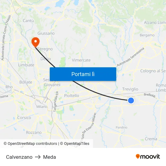 Calvenzano to Meda map