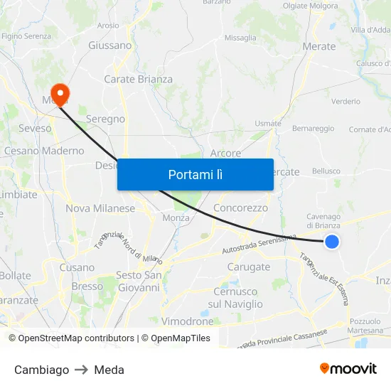 Cambiago to Meda map