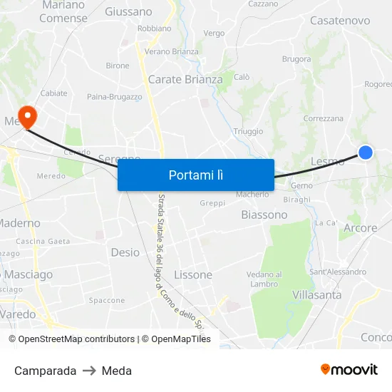 Camparada to Meda map
