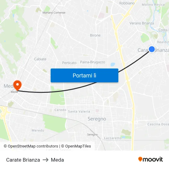 Carate Brianza to Meda map