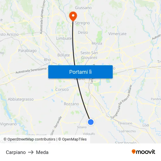 Carpiano to Meda map
