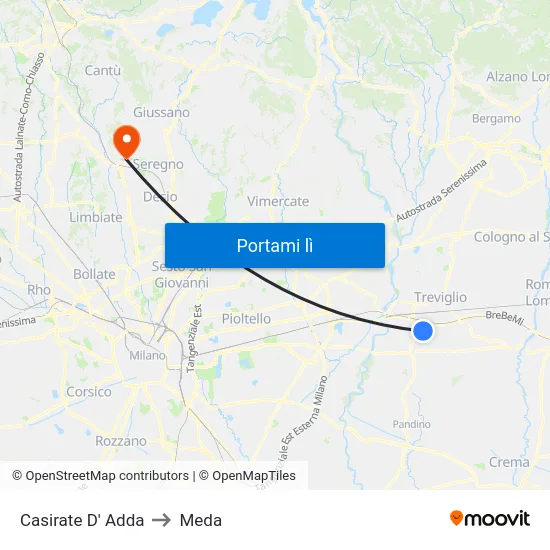 Casirate D' Adda to Meda map