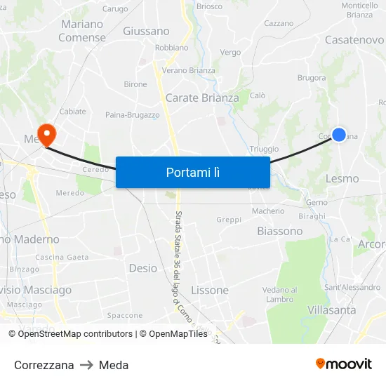 Correzzana to Meda map