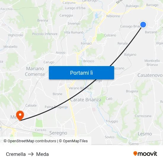 Cremella to Meda map