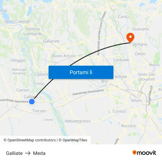 Galliate to Meda map