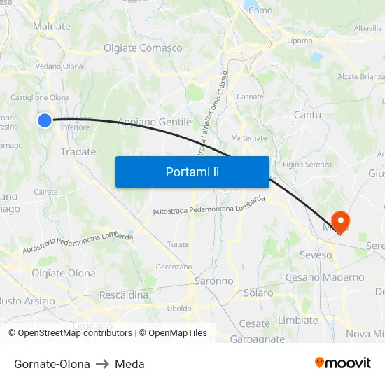 Gornate-Olona to Meda map