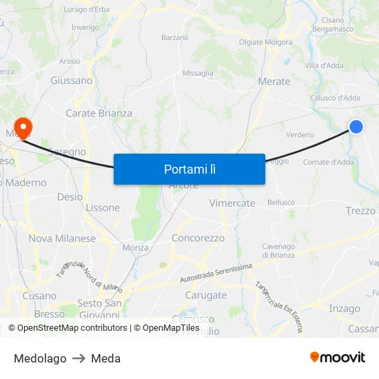 Medolago to Meda map