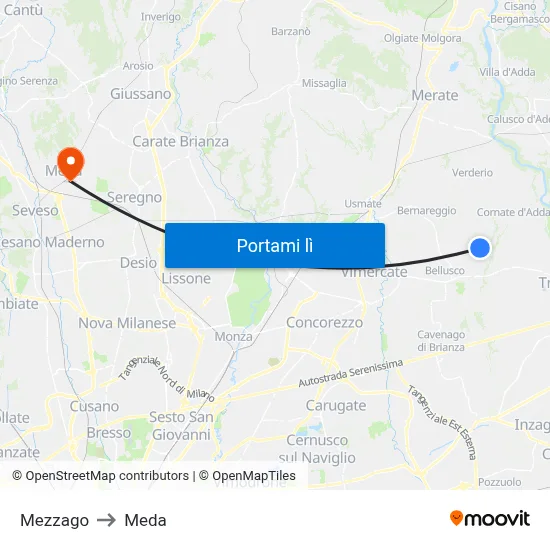 Mezzago to Meda map