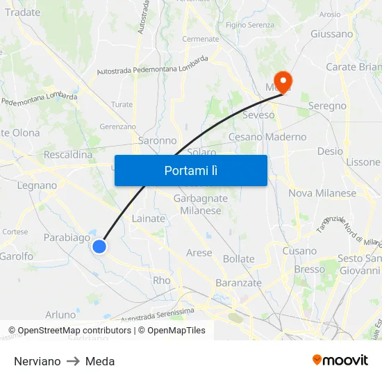 Nerviano to Meda map