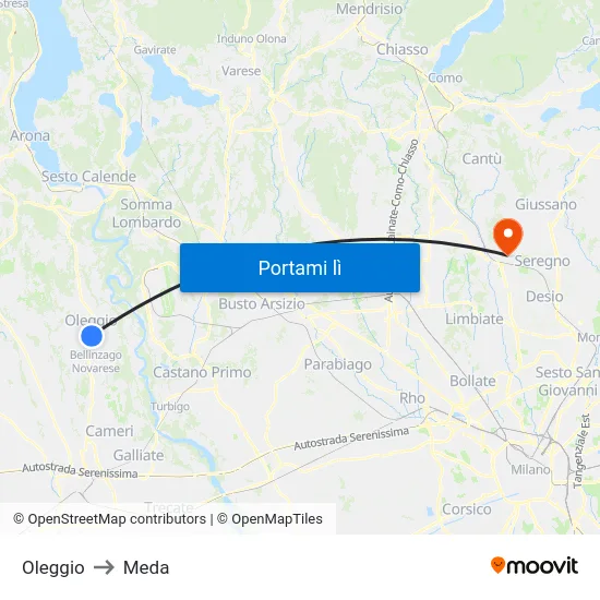 Oleggio to Meda map