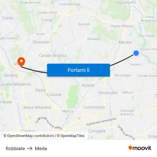 Robbiate to Meda map