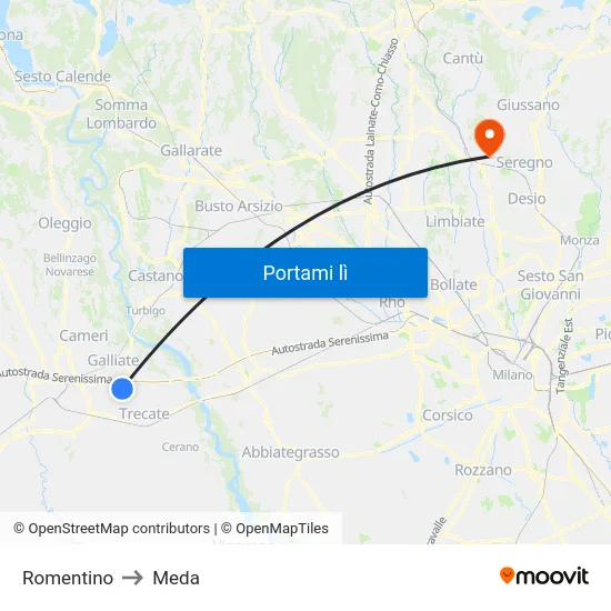 Romentino to Meda map