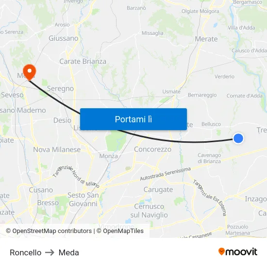 Roncello to Meda map