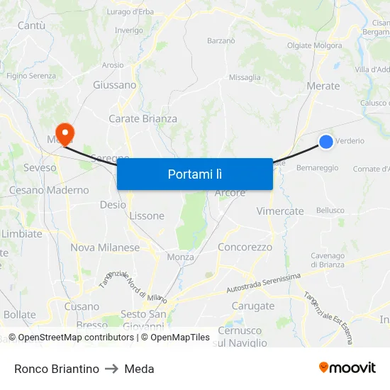 Ronco Briantino to Meda map