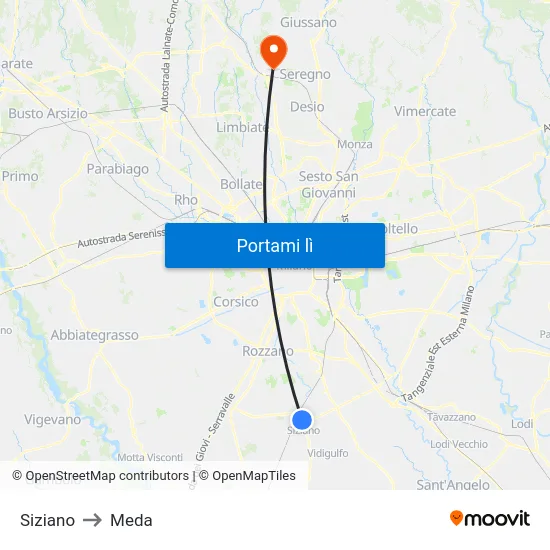 Siziano to Meda map