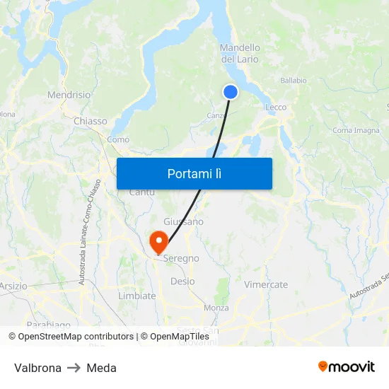 Valbrona to Meda map