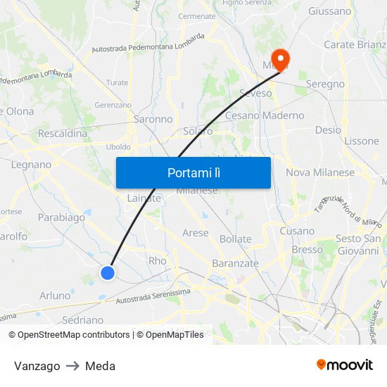Vanzago to Meda map
