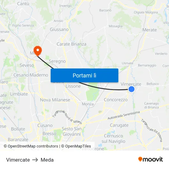 Vimercate to Meda map