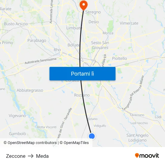 Zeccone to Meda map