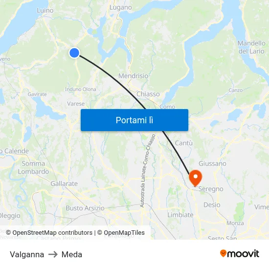 Valganna to Meda map