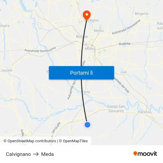 Calvignano to Meda map