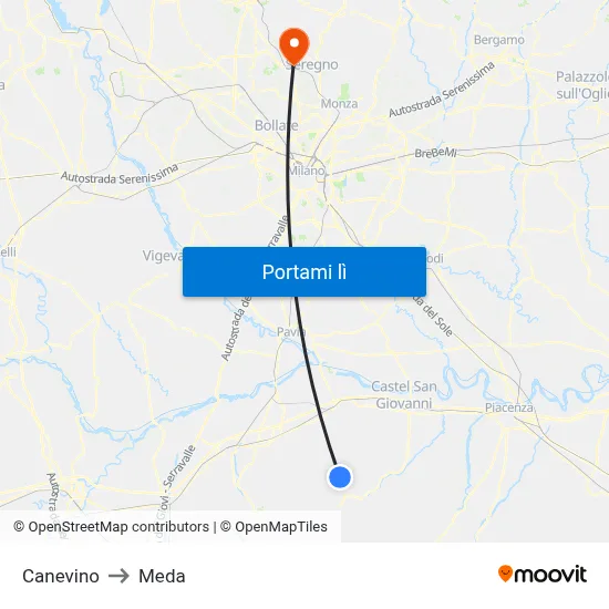 Canevino to Meda map