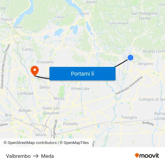 Valbrembo to Meda map