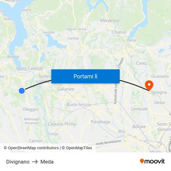 Divignano to Meda map